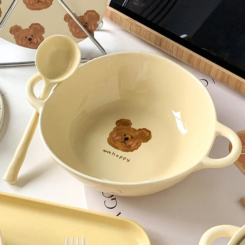 Creative Ceramic Bowl Cartoon Bear Handle Noodle Bowl Special Bowl for Oven and Microwave Oven Salad Bowl