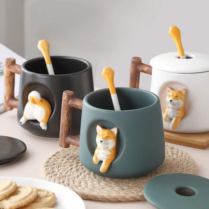 Creative Ceramic Personality Cute Mug with Lid Spoon Home Couple Men Women Coffee Cup Shiba Inu Cup Gift Coffee Cups Water Cup
