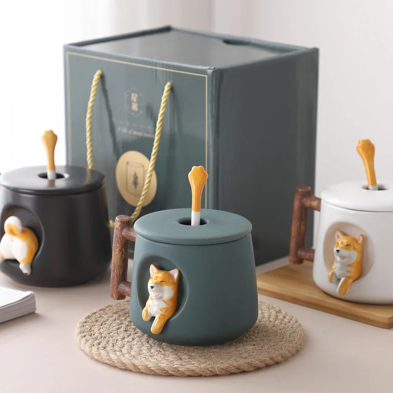 Creative Ceramic Personality Cute Mug with Lid Spoon Home Couple Men Women Coffee Cup Shiba Inu Cup Gift Coffee Cups Water Cup