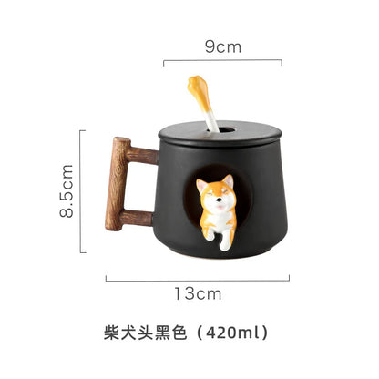 Creative Ceramic Personality Cute Mug with Lid Spoon Home Couple Men Women Coffee Cup Shiba Inu Cup Gift Coffee Cups Water Cup