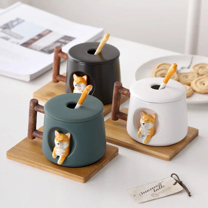Creative Ceramic Personality Cute Mug with Lid Spoon Home Couple Men Women Coffee Cup Shiba Inu Cup Gift Coffee Cups Water Cup