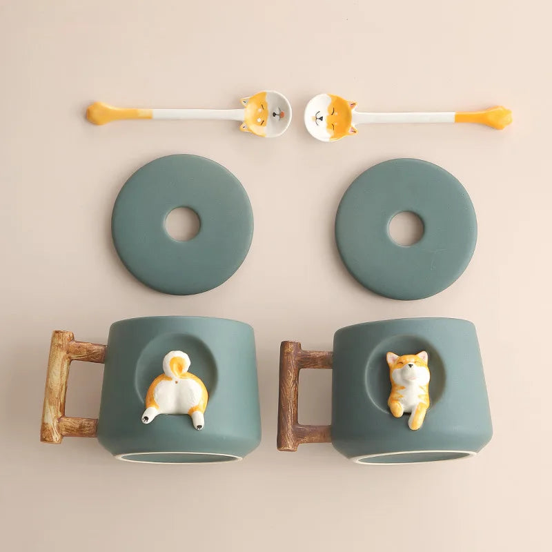 Creative Ceramic Personality Cute Mug with Lid Spoon Home Couple Men Women Coffee Cup Shiba Inu Cup Gift Coffee Cups Water Cup