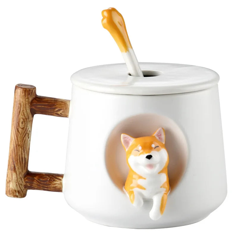 Creative Ceramic Personality Cute Mug with Lid Spoon Home Couple Men Women Coffee Cup Shiba Inu Cup Gift Coffee Cups Water Cup