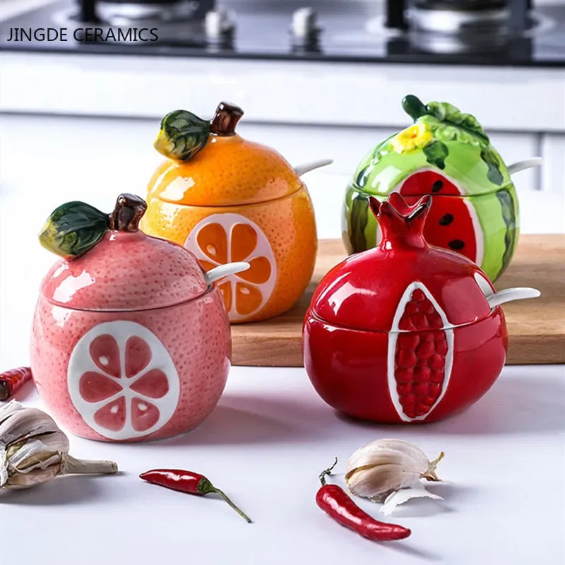 Creative Ceramic Seasoning Jar Bottle Kitchen Decoration Racks Fruit Melon Shape Spices Storage Tank Sugar Bowl with Lid &Spoon