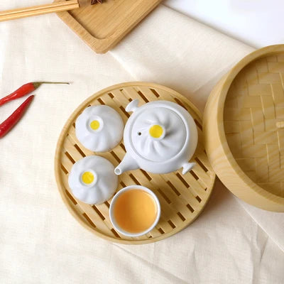 Creative Ceramics Cute Buns Tea Set A Pot Three Cups Travel Set Home Kung Fu Black Tea Jin Jun Mei Simple Teapot Tray Gift Box