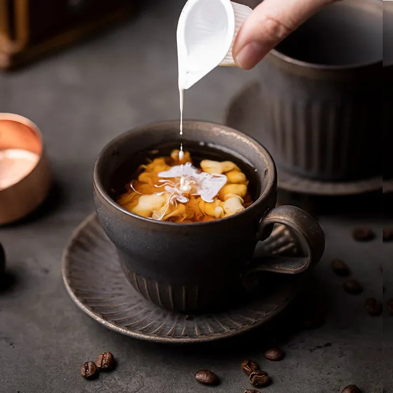 Creative Coffee Cup and Saucer Sets, Simple Handmade Rough Pottery, Japanese Retro Art Cup, Hand Pour Tea Cups, Ceramic Suits