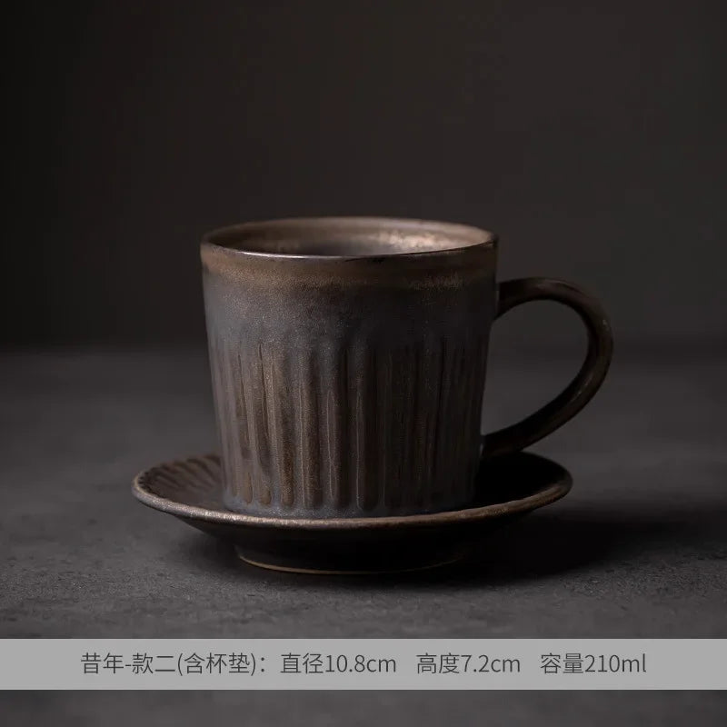 Creative Coffee Cup and Saucer Sets, Simple Handmade Rough Pottery, Japanese Retro Art Cup, Hand Pour Tea Cups, Ceramic Suits