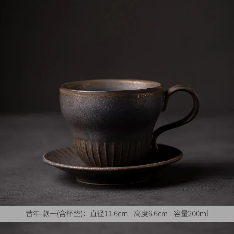 Creative Coffee Cup and Saucer Sets, Simple Handmade Rough Pottery, Japanese Retro Art Cup, Hand Pour Tea Cups, Ceramic Suits