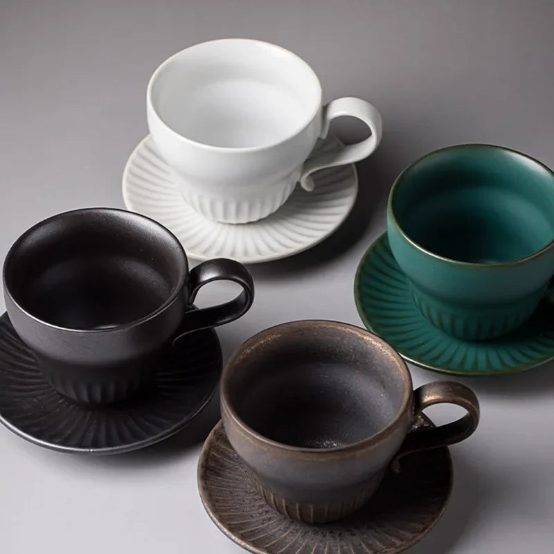 Creative Coffee Cup and Saucer Sets, Simple Handmade Rough Pottery, Japanese Retro Art Cup, Hand Pour Tea Cups, Ceramic Suits