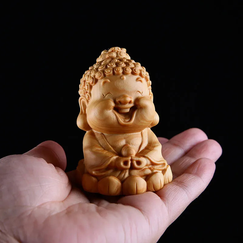 Creative Cute Buddha Cartoon Small Buddha Master Maitreya Bodhisattva Figurines Wood Carving Home Feng Shui Decoration