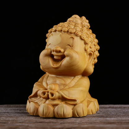 Creative Cute Buddha Cartoon Small Buddha Master Maitreya Bodhisattva Figurines Wood Carving Home Feng Shui Decoration