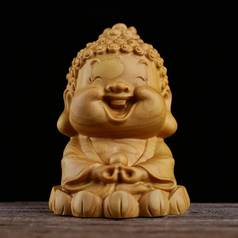 Creative Cute Buddha Cartoon Small Buddha Master Maitreya Bodhisattva Figurines Wood Carving Home Feng Shui Decoration
