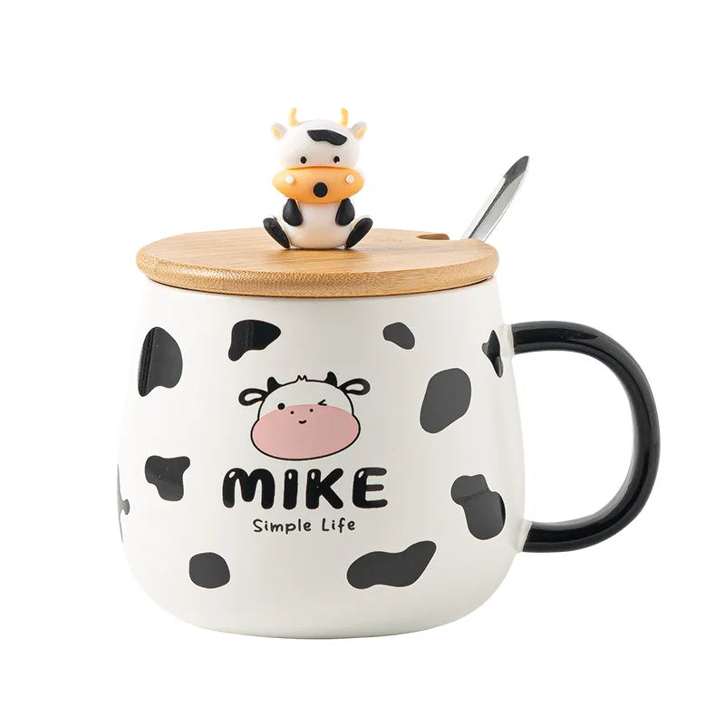 Creative Cute Cow Mug With Spoon Lid Cups and Mugs Free Shipping Kawaii Cups of Coffee Tea Ceramic Coffee Cup Set Drinkware Go