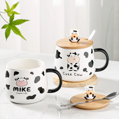 Creative Cute Cow Mug With Spoon Lid Cups and Mugs Free Shipping Kawaii Cups of Coffee Tea Ceramic Coffee Cup Set Drinkware Go