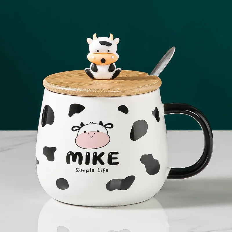 Creative Cute Cow Mug With Spoon Lid Cups and Mugs Free Shipping Kawaii Cups of Coffee Tea Ceramic Coffee Cup Set Drinkware Go