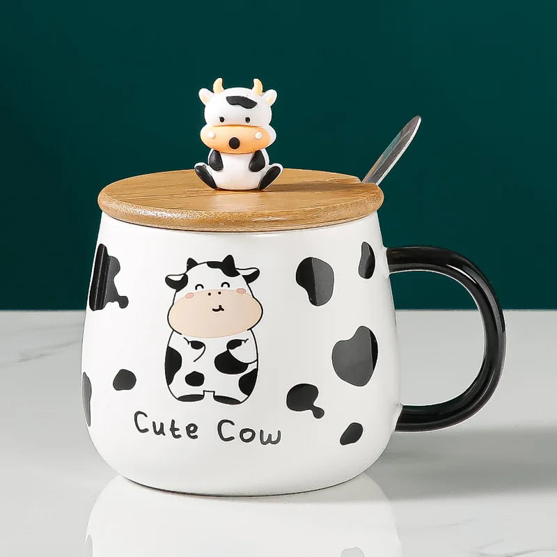 Creative Cute Cow Mug With Spoon Lid Cups and Mugs Free Shipping Kawaii Cups of Coffee Tea Ceramic Coffee Cup Set Drinkware Go