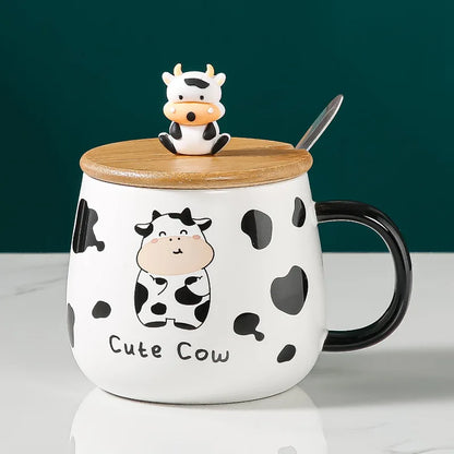 Creative Cute Cow Mug With Spoon Lid Cups and Mugs Free Shipping Kawaii Cups of Coffee Tea Ceramic Coffee Cup Set Drinkware Go