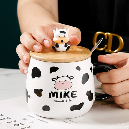 Creative Cute Cow Mug With Spoon Lid Cups and Mugs Free Shipping Kawaii Cups of Coffee Tea Ceramic Coffee Cup Set Drinkware Go