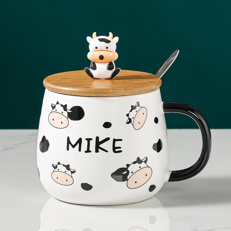 Creative Cute Cow Mug With Spoon Lid Cups and Mugs Free Shipping Kawaii Cups of Coffee Tea Ceramic Coffee Cup Set Drinkware Go