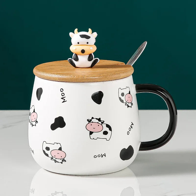 Creative Cute Cow Mug With Spoon Lid Cups and Mugs Free Shipping Kawaii Cups of Coffee Tea Ceramic Coffee Cup Set Drinkware Go