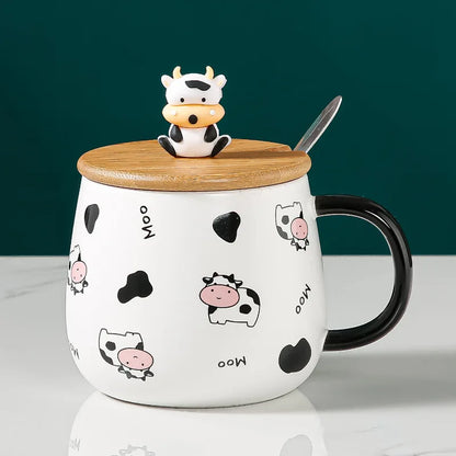 Creative Cute Cow Mug With Spoon Lid Cups and Mugs Free Shipping Kawaii Cups of Coffee Tea Ceramic Coffee Cup Set Drinkware Go