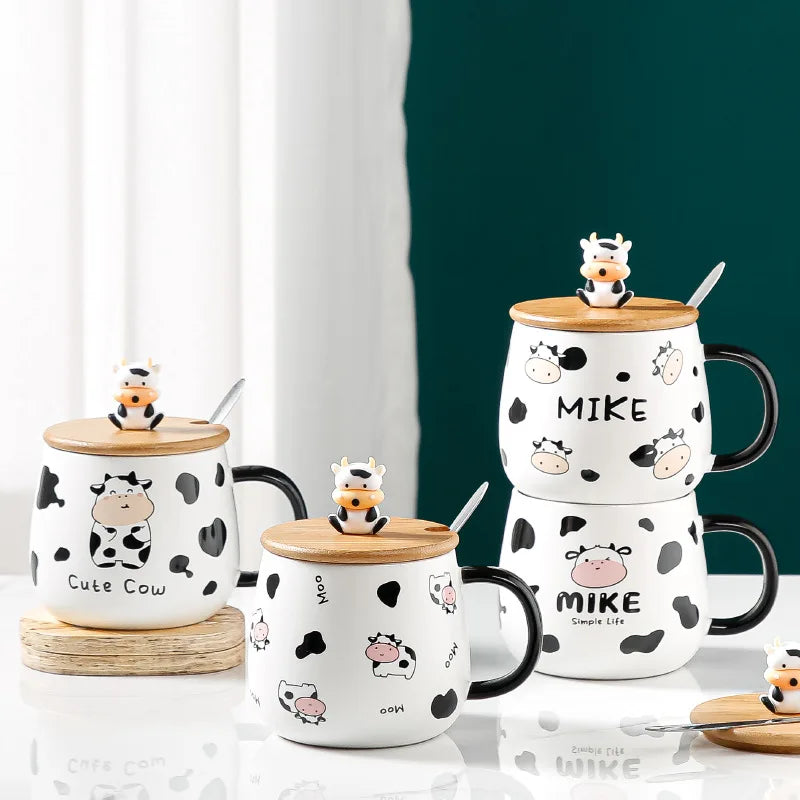 Creative Cute Cow Mug With Spoon Lid Cups and Mugs Free Shipping Kawaii Cups of Coffee Tea Ceramic Coffee Cup Set Drinkware Go
