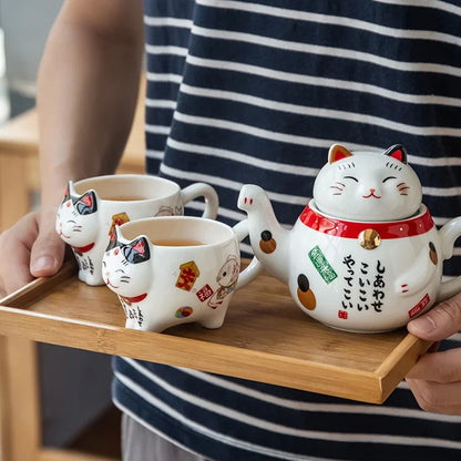 Creative Cute Lucky Cat Porcelain Tea Set Cartoon Ceramic Tea Cup Pot with Strainer Lovely Plutus Cat Teapot Mug Teaware