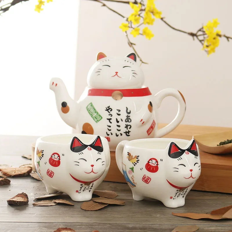 Creative Cute Lucky Cat Porcelain Tea Set Cartoon Ceramic Tea Cup Pot with Strainer Lovely Plutus Cat Teapot Mug Teaware