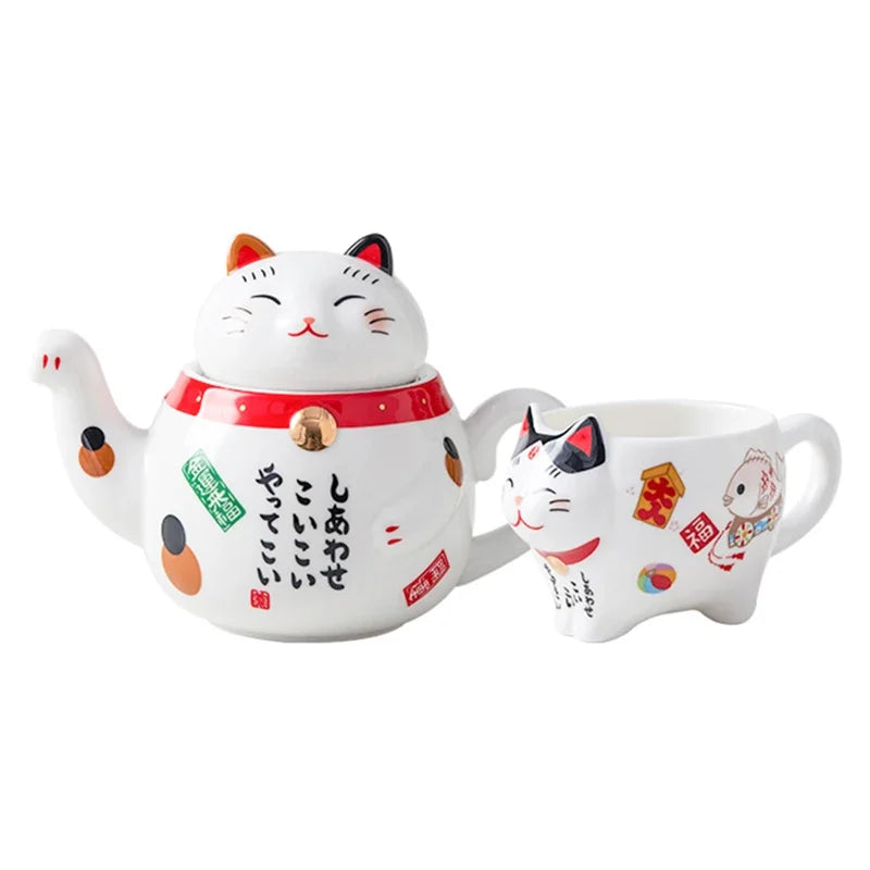 Creative Cute Lucky Cat Porcelain Tea Set Cartoon Ceramic Tea Cup Pot with Strainer Lovely Plutus Cat Teapot Mug Teaware