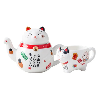 Creative Cute Lucky Cat Porcelain Tea Set Cartoon Ceramic Tea Cup Pot with Strainer Lovely Plutus Cat Teapot Mug Teaware