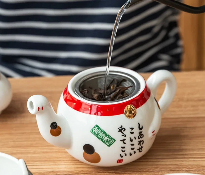 Creative Cute Lucky Cat Porcelain Tea Set Cartoon Ceramic Tea Cup Pot with Strainer Lovely Plutus Cat Teapot Mug Teaware