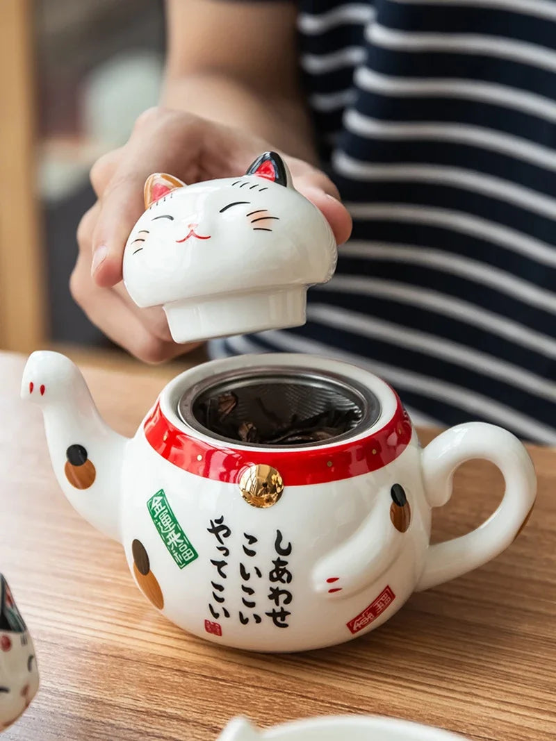 Creative Cute Lucky Cat Porcelain Tea Set Cartoon Ceramic Tea Cup Pot with Strainer Lovely Plutus Cat Teapot Mug Teaware