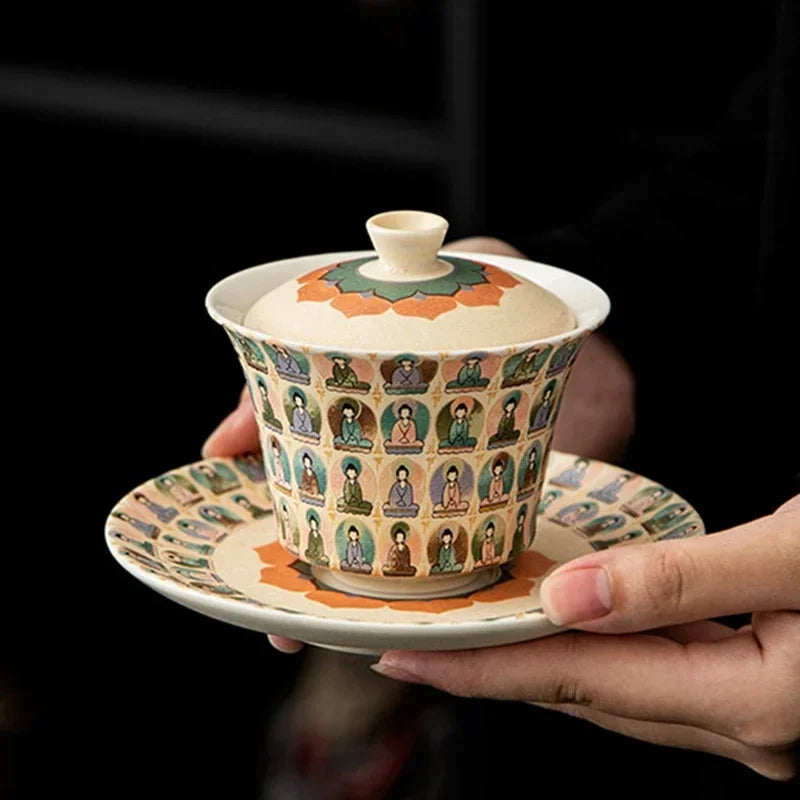 Creative Dunhuang Gaiwan Tea Cup Household Single Retro Kung Fu Teaware Large Thousand Buddha Bowl Tea Making Device 150ml 3pcs