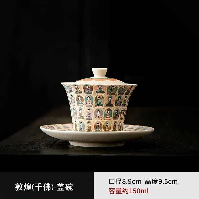 Creative Dunhuang Gaiwan Tea Cup Household Single Retro Kung Fu Teaware Large Thousand Buddha Bowl Tea Making Device 150ml 3pcs
