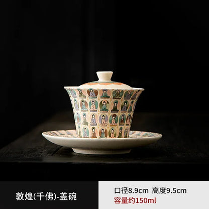 Creative Dunhuang Gaiwan Tea Cup Household Single Retro Kung Fu Teaware Large Thousand Buddha Bowl Tea Making Device 150ml 3pcs