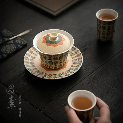 Creative Dunhuang Gaiwan Tea Cup Household Single Retro Kung Fu Teaware Large Thousand Buddha Bowl Tea Making Device 150ml 3pcs