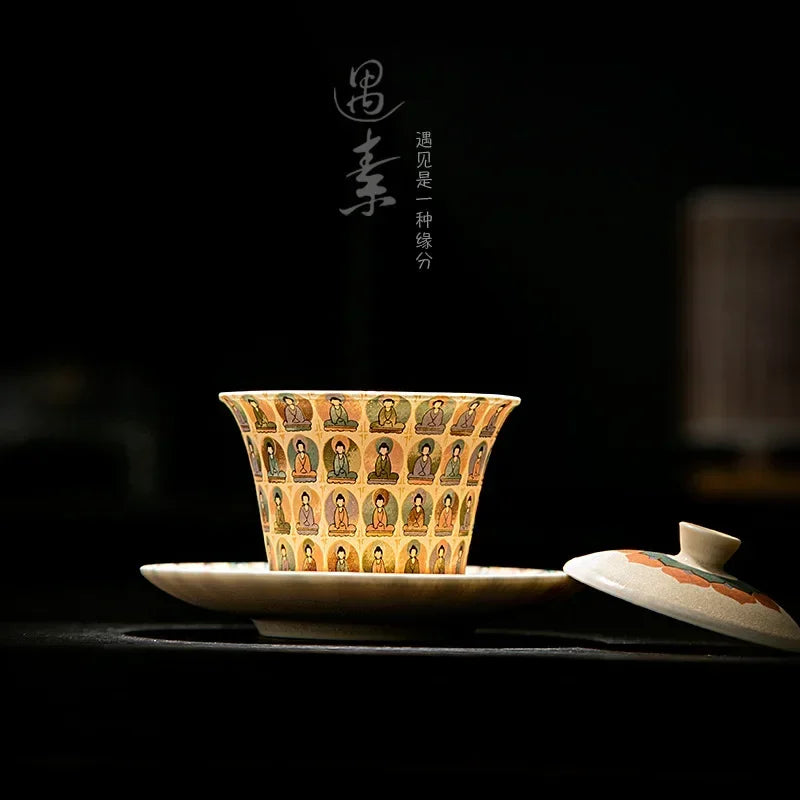 Creative Dunhuang Gaiwan Tea Cup Household Single Retro Kung Fu Teaware Large Thousand Buddha Bowl Tea Making Device 150ml 3pcs
