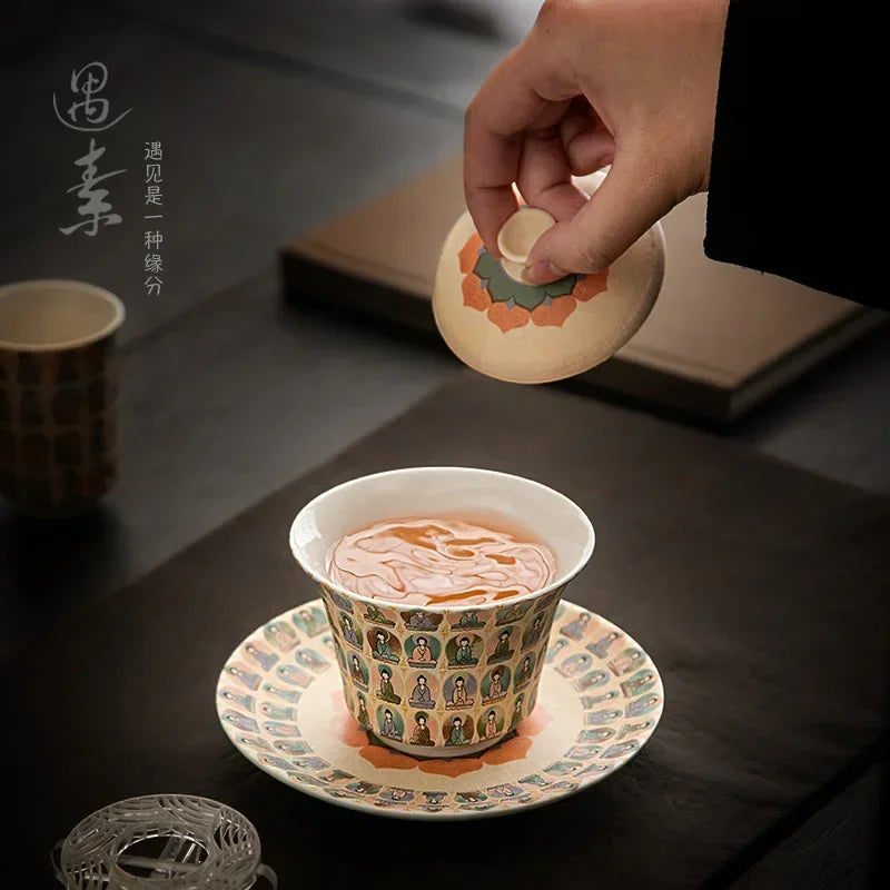 Creative Dunhuang Gaiwan Tea Cup Household Single Retro Kung Fu Teaware Large Thousand Buddha Bowl Tea Making Device 150ml 3pcs