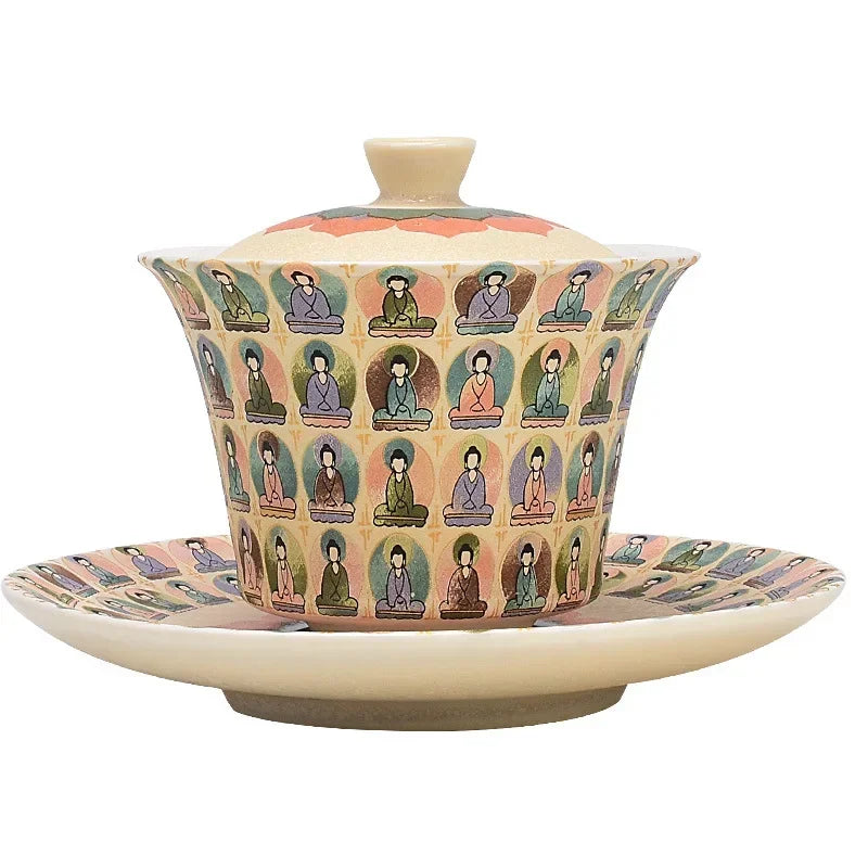 Creative Dunhuang Gaiwan Tea Cup Household Single Retro Kung Fu Teaware Large Thousand Buddha Bowl Tea Making Device 150ml 3pcs