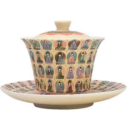 Creative Dunhuang Gaiwan Tea Cup Household Single Retro Kung Fu Teaware Large Thousand Buddha Bowl Tea Making Device 150ml 3pcs