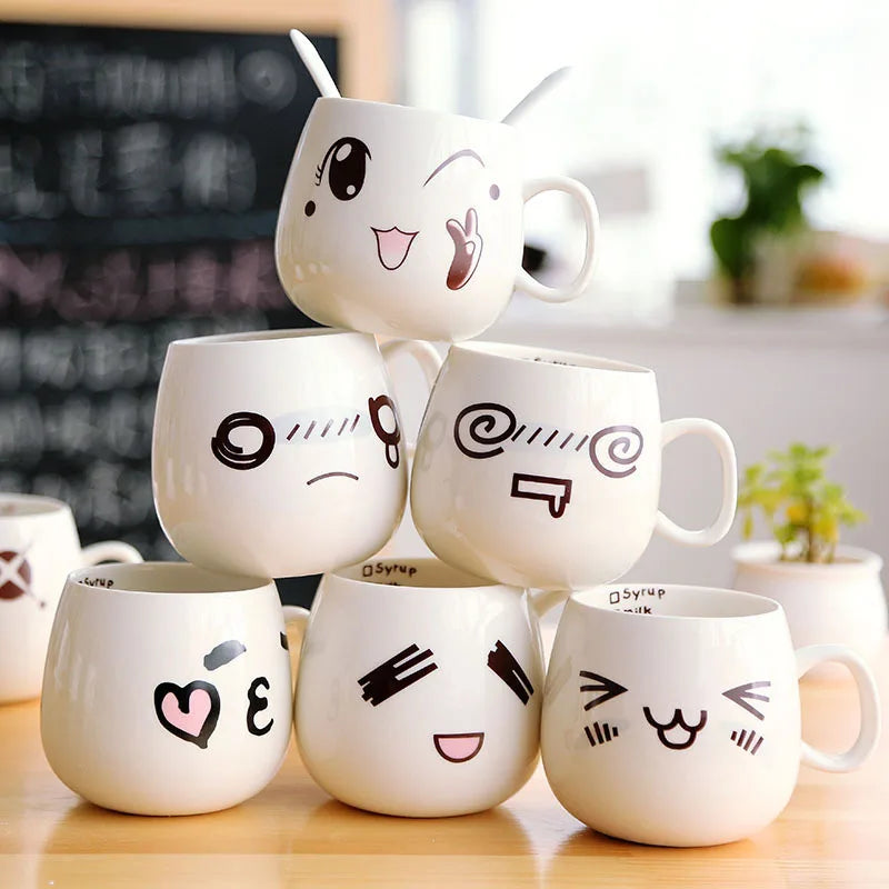 Creative Expression mug,Unique Porcelain Coffee Milk  Tea Mug Creative Cartoon Coffee White Travel Milk Cup Valentine's Day gift