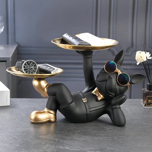 Creative Fortune Dog Double Tray Resin Dog Sculpture Statue Storage Key Jewelries Holder Animal Crafts Ornament Home Decor Gift