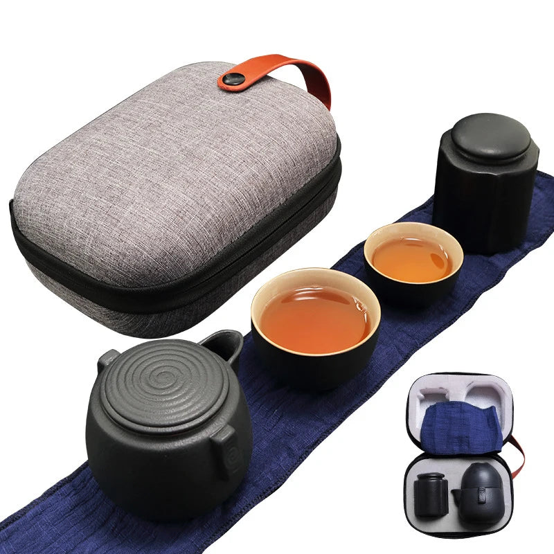 Creative Gift Outdoor Travel Office Quik Cup 1 Teapot 2 Cup Zen Black Ceramic Coarse Pottery Japanese Kung Fu Tea Free shipping