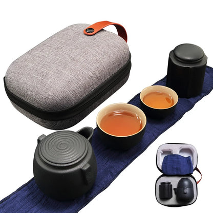 Creative Gift Outdoor Travel Office Quik Cup 1 Teapot 2 Cup Zen Black Ceramic Coarse Pottery Japanese Kung Fu Tea Free shipping