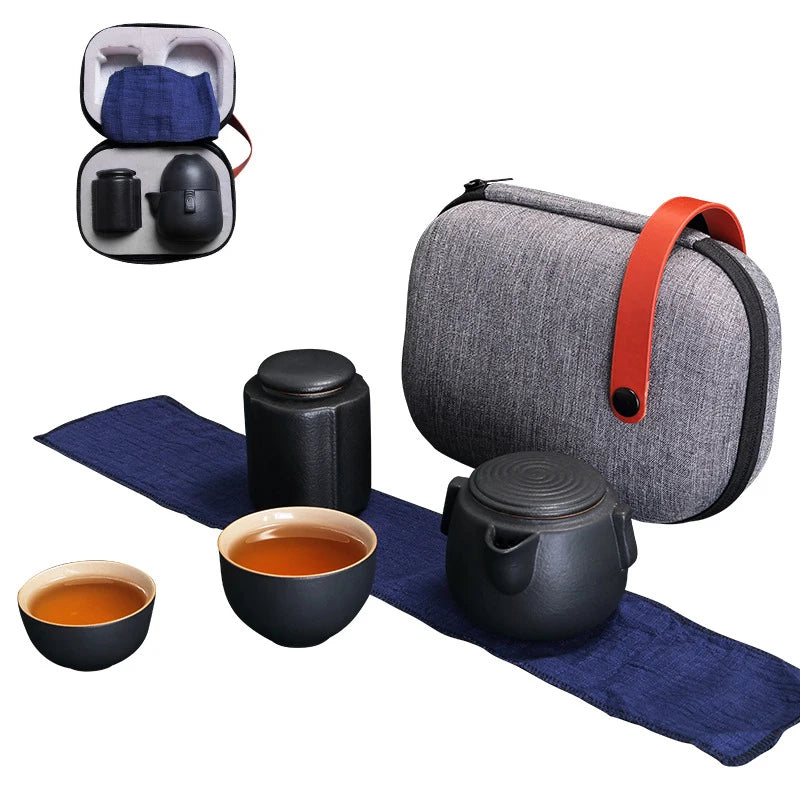 Creative Gift Outdoor Travel Office Quik Cup 1 Teapot 2 Cup Zen Black Ceramic Coarse Pottery Japanese Kung Fu Tea Free shipping