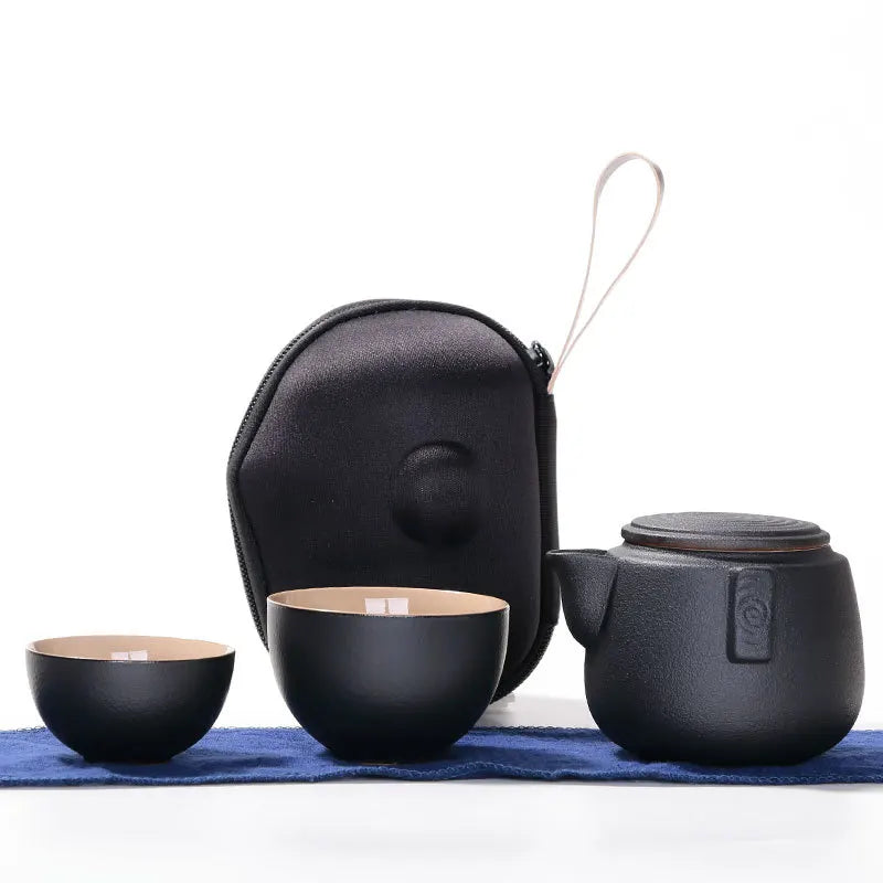Creative Gift Outdoor Travel Office Quik Cup 1 Teapot 2 Cup Zen Black Ceramic Coarse Pottery Japanese Kung Fu Tea Free shipping