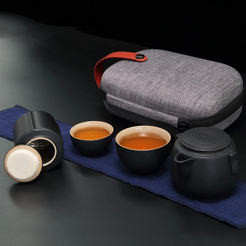 Creative Gift Outdoor Travel Office Quik Cup 1 Teapot 2 Cup Zen Black Ceramic Coarse Pottery Japanese Kung Fu Tea Free shipping