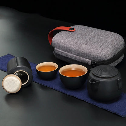 Creative Gift Outdoor Travel Office Quik Cup 1 Teapot 2 Cup Zen Black Ceramic Coarse Pottery Japanese Kung Fu Tea Free shipping