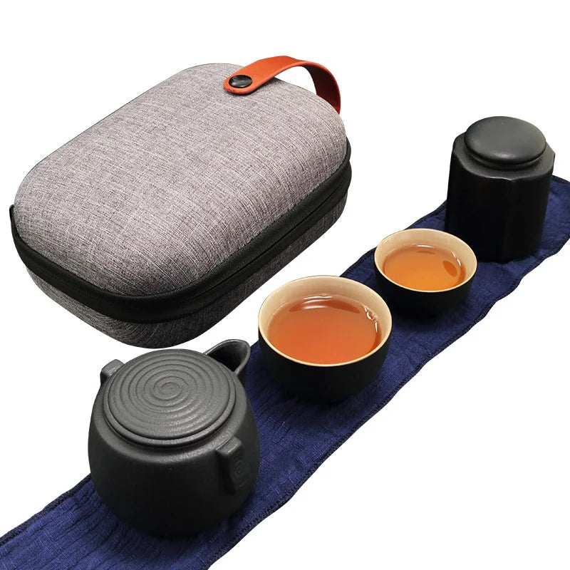 Creative Gift Outdoor Travel Office Quik Cup 1 Teapot 2 Cup Zen Black Ceramic Coarse Pottery Japanese Kung Fu Tea Free shipping