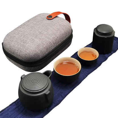 Creative Gift Outdoor Travel Office Quik Cup 1 Teapot 2 Cup Zen Black Ceramic Coarse Pottery Japanese Kung Fu Tea Free shipping